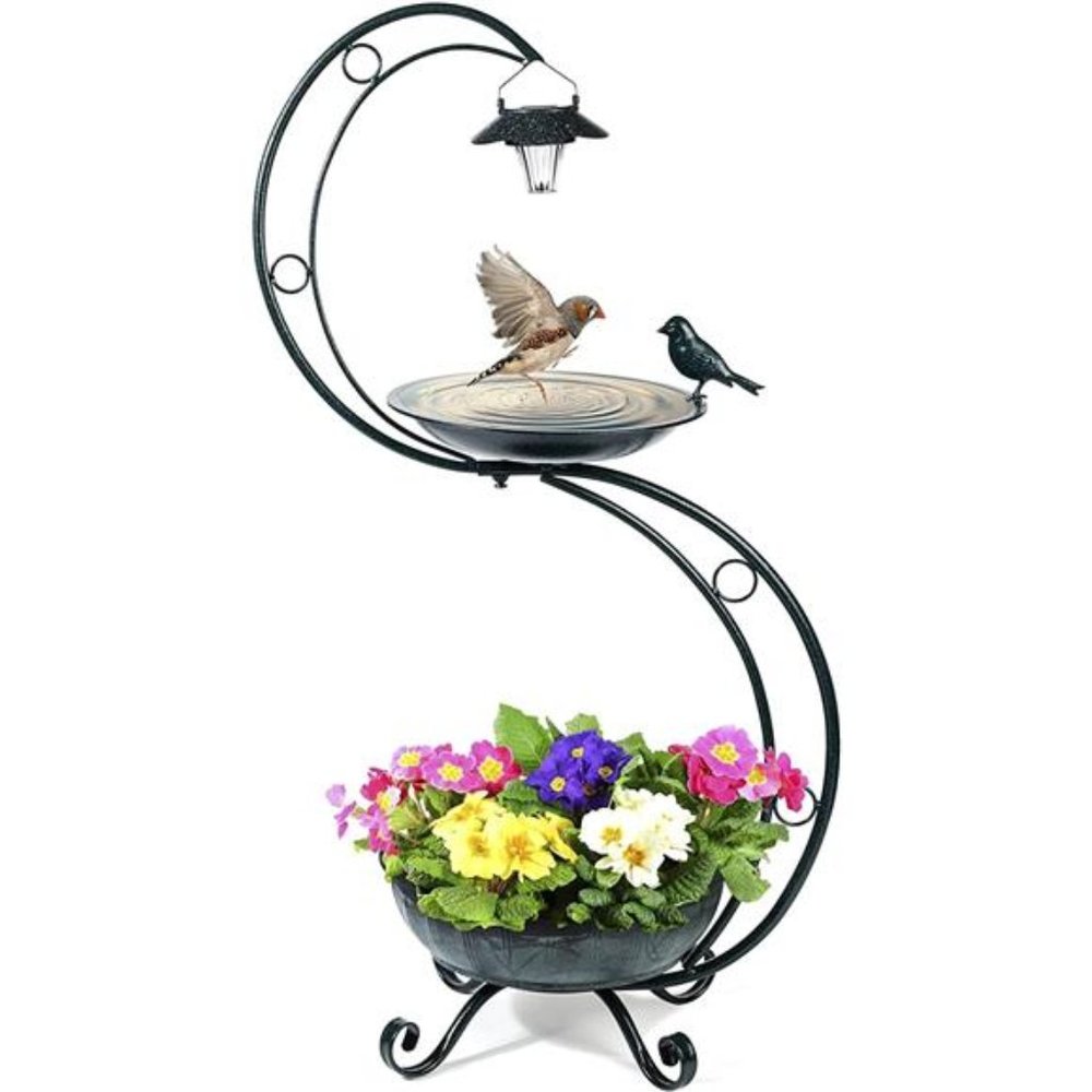 Solar Lamp 35.5" H, Metal Bird Bath, Weather Resistant, Vintage-Bronze Green